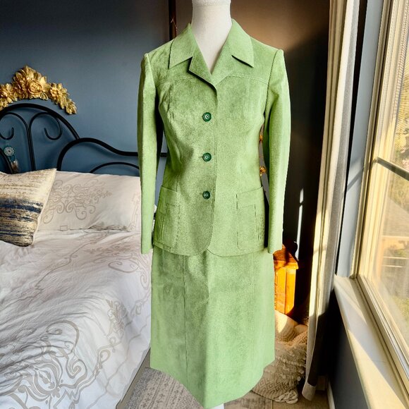 Vintage Custom Made Lime Green Suede Skirt Suit Set - Picture 1 of 16
